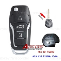 Upgraded Flip Remote Key Fob ASK 433.92MHz ID46 for Suzuki Swift SX4 from 2008-2012 FCC ID: TS002